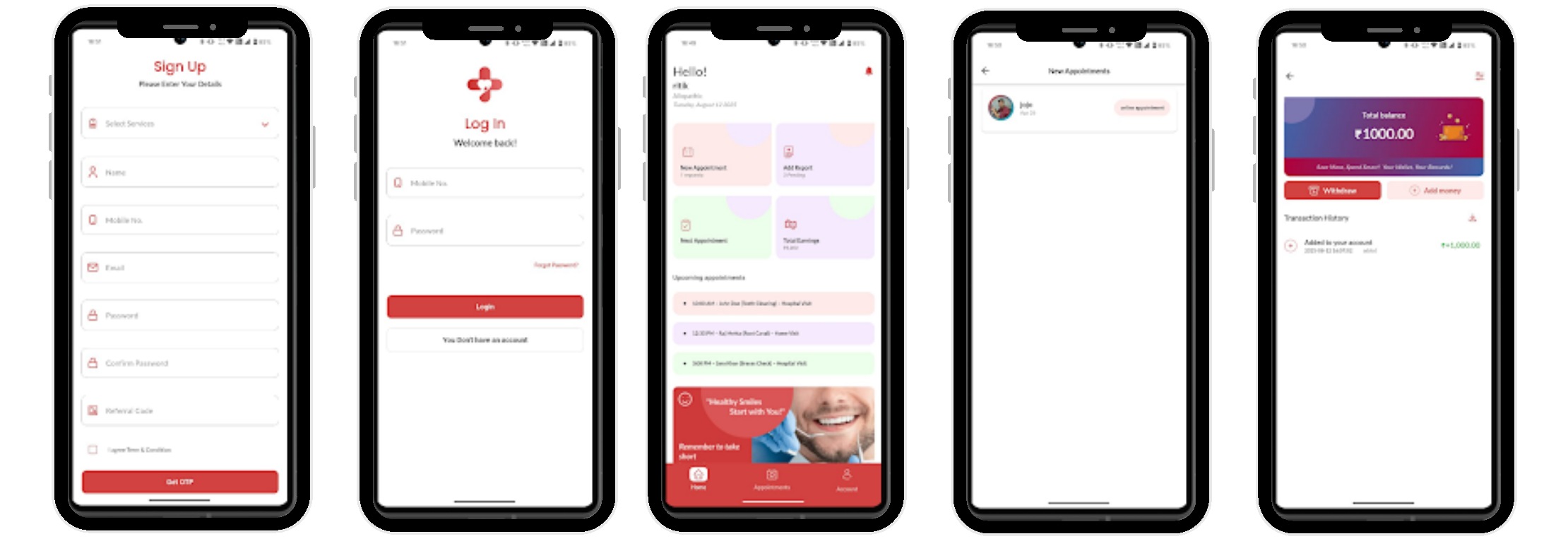 Happy Health 24 Partner App interface examples showing sign-up, login and dashboard screens